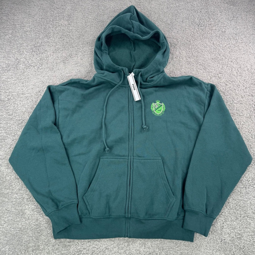 PINK Victoria's Secret Forest Green Crest Full Zip Hoodie Sweatshirt XS NEW